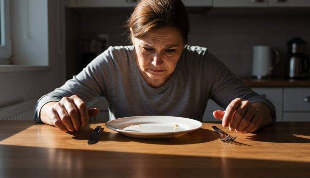 pessoa-olhando-para-prato-vazio-com-expressão-ambivalente-transtorno-alimentar